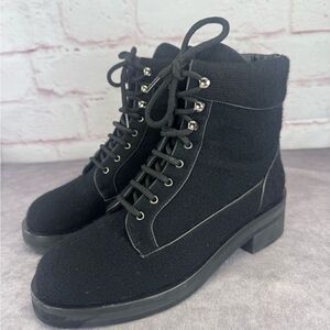 Chanel $1450 Wool Lace Up Black Biker Ankle Boots 9